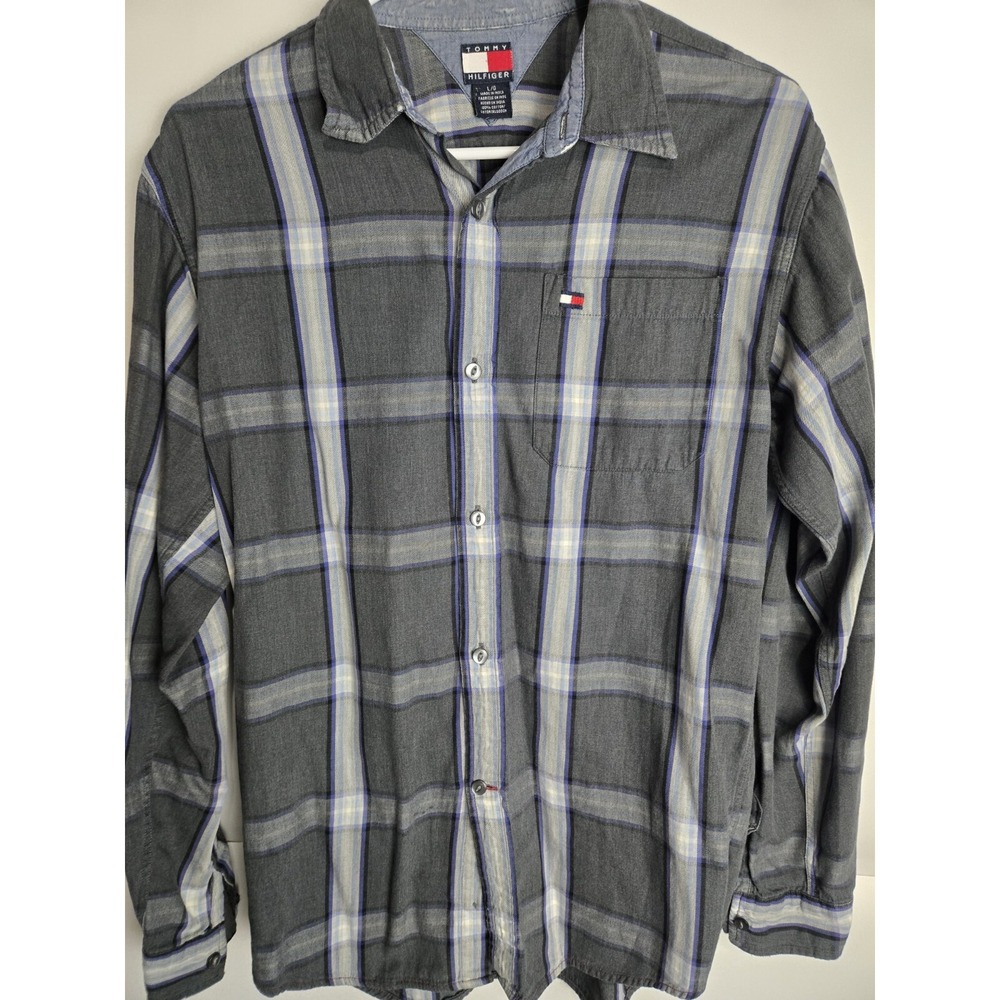 Vintage Y2k Tommy Hilfiger Blue Grey Black Check Button Up Size large Plaid